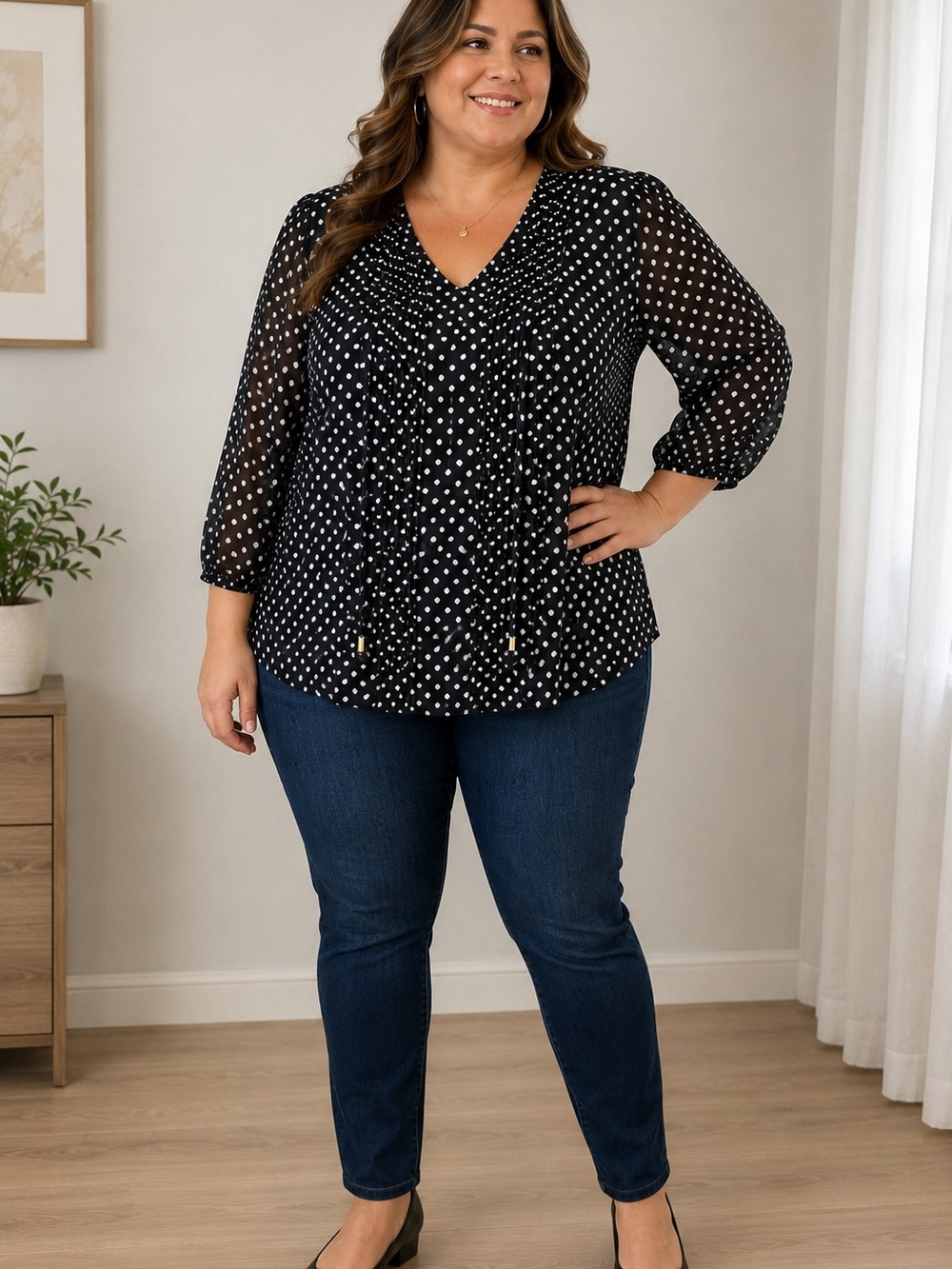 Tommy Hilfiger Black White Polka Dot Sheer Blouse XL V-Neck 3/4 Sleeve.